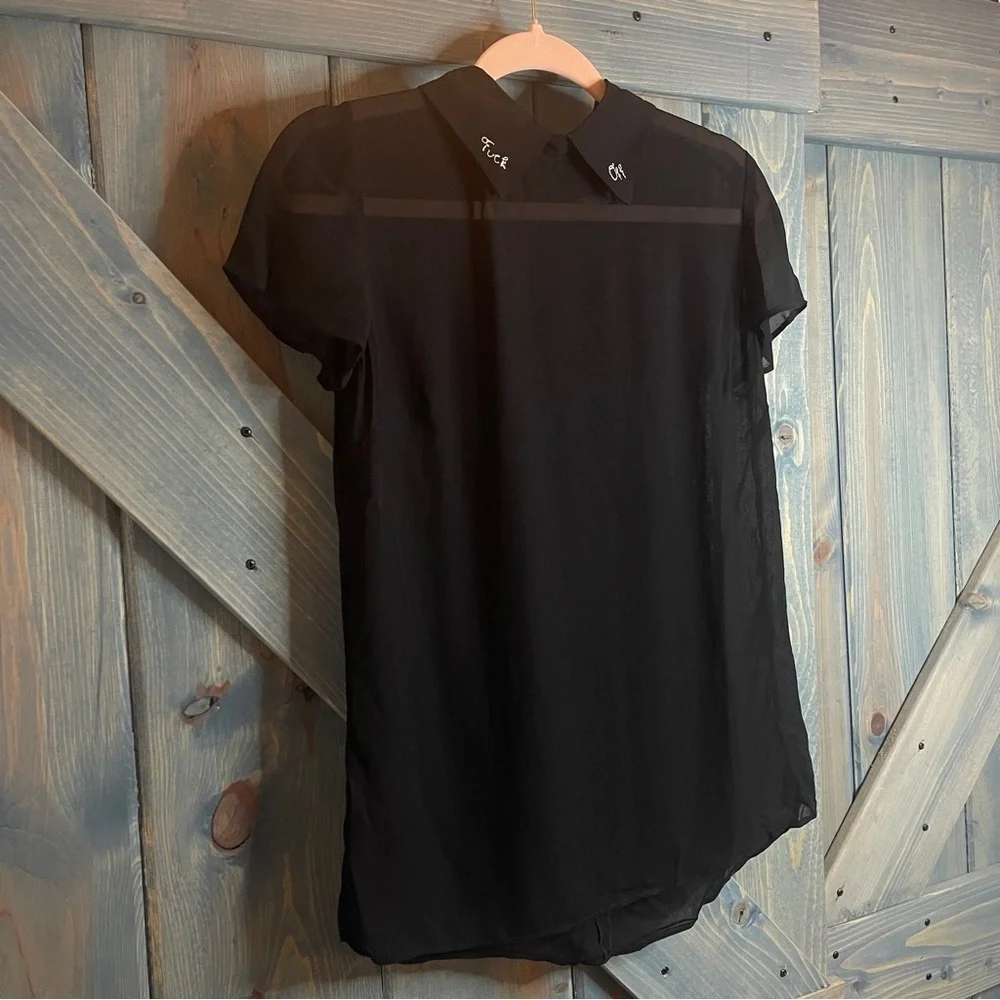 Reformation RARE F*ck Off Embroidered Collar Black Sheer Top - Picture 3 of 5